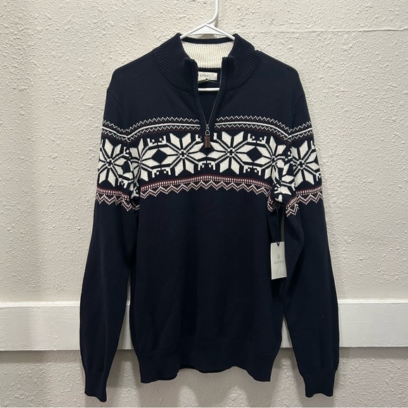 Aspen Navy Knit Quarter Zip Snowflake Pullover NWT Medium - Picture 1 of 5